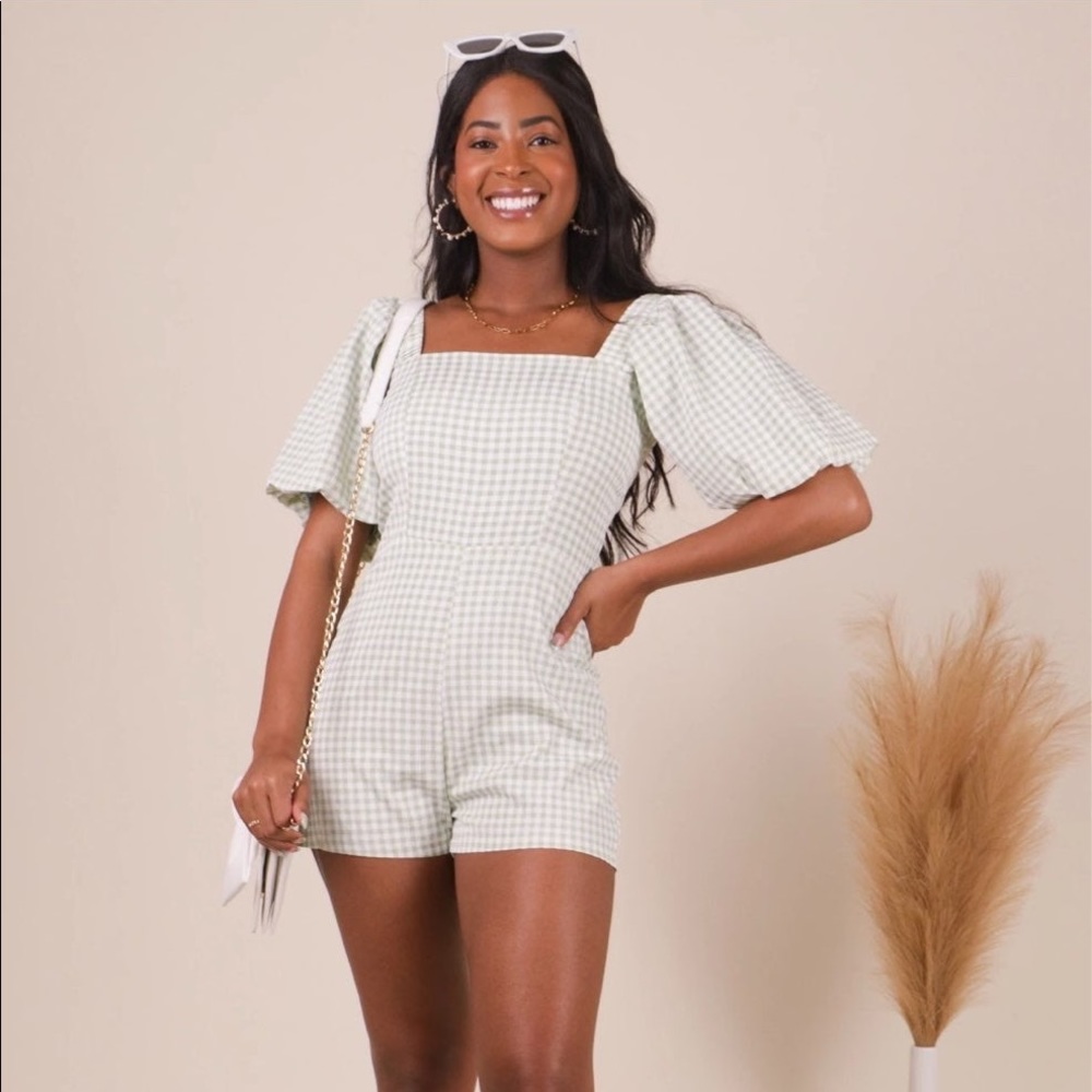 Green plaid romper